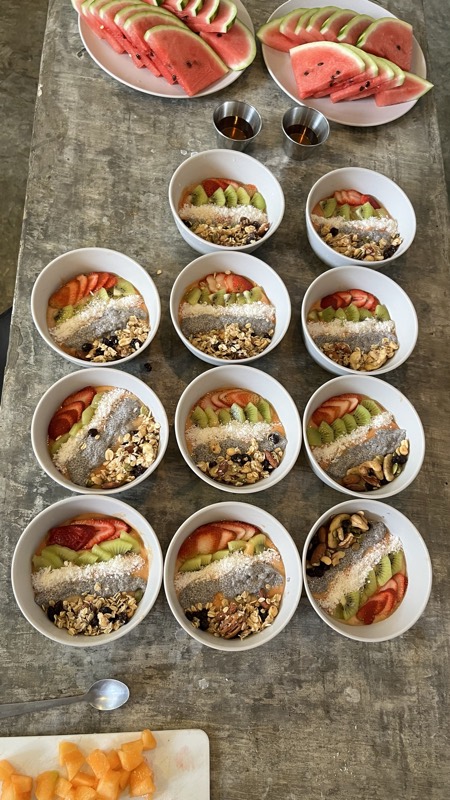 Bowls de fruta, semillas y granola servidos en fila para el grupo.